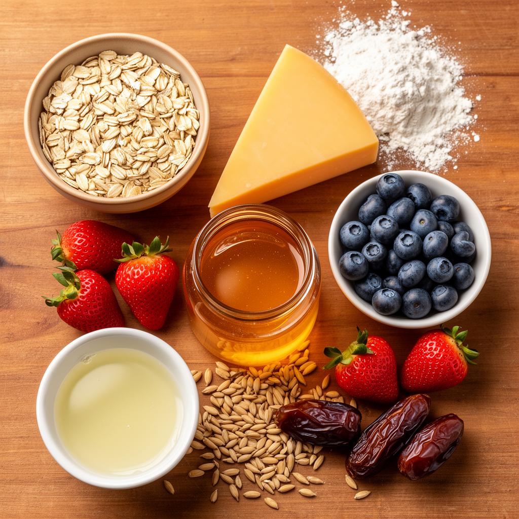 Premium organic ingredients: oats, honey, blueberries, cheddar cheese, dates, and egg whites
