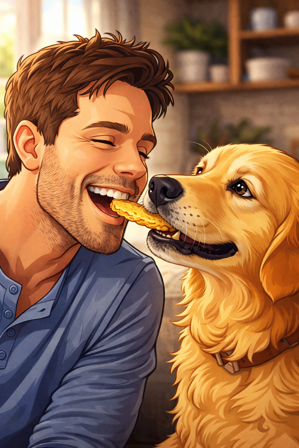 A man and his golden retriever sharing a HumDog treat together, both smiling