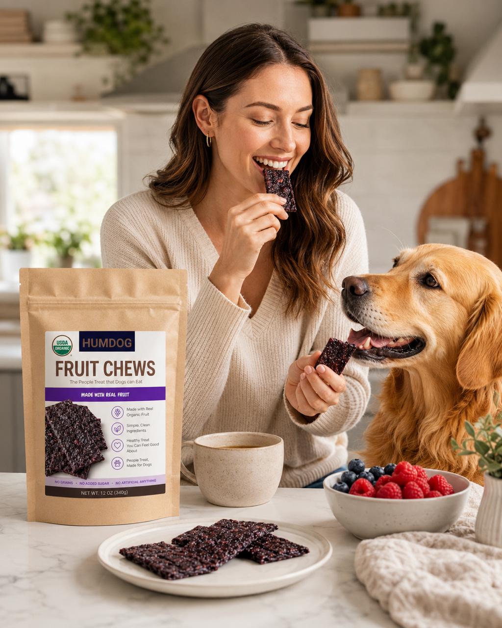 Owner and golden retriever enjoying HumDog treats together at the table